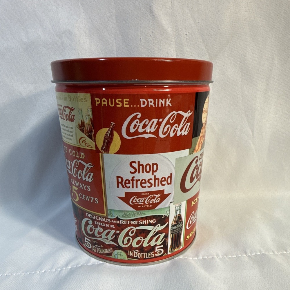 Coca-Cola Vintage Ads Collage Tin Canister w/ Lid, Red Multicolor Soda Repro - Picture 2 of 12